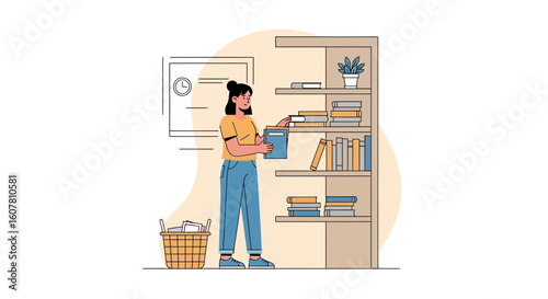 Woman Arranging Books on A Shelf in Order at Home Library