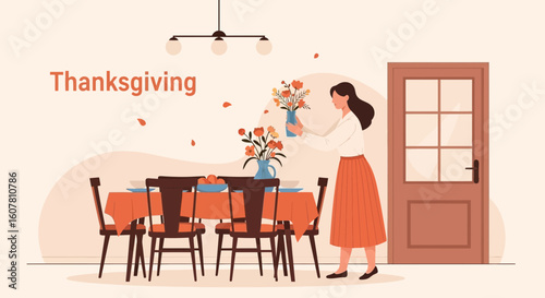 Woman Arranging Flowers At Thanksgiving Day In A Dining Room Interior