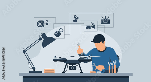 Repairing Drone Technology At Workshop For Aerial Photography Or Delivery