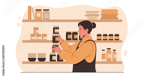 Woman Arranging Jars on Shelves in A Shop Or Pantry Illustration