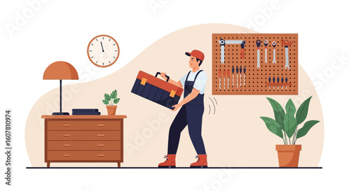 Repairman Carrying Toolbox Ready For Home Repairs Service Or Home Maintenance