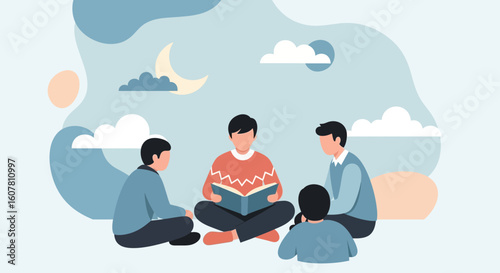 People Gathering Together for Story Time Illustration in Cloudy Night