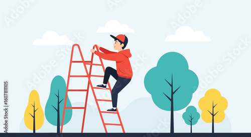 Person Climbing Ladder Towards The Sky Ambition And Career Growth Opportunity