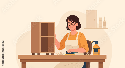 Restoration Process Woman Refinishing Small Wooden Cabinet Project At Home