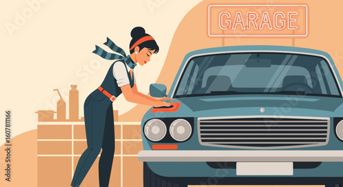 Retro Automotive Care: Woman Polishing Vintage Vehicle At A Classic Garage