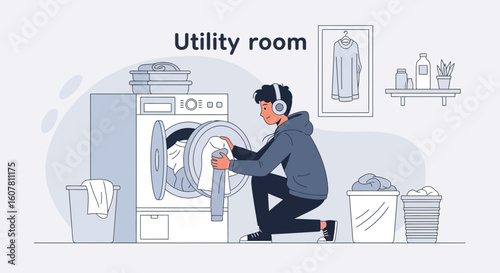 Person Doing Laundry Day Chore Listens To Music In Modern Utility Room