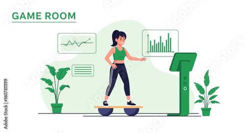 Woman Balancing On Wobble Board Surrounded By Fitness Technology And Greenery