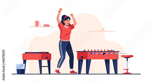 Woman Celebrates Victory At Foosball Table In Brightly Lit Room Illustration