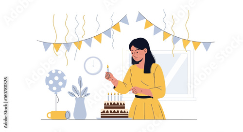 Woman Celebrating Birthday At Home Lighting Candles On Cake With Decorations