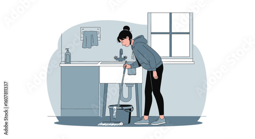 Routine Cleaning And Tidiness Girl Mopping The Floor Of The Bathroom