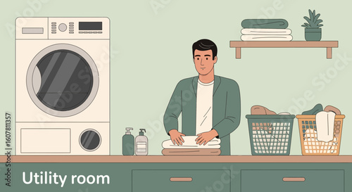 Routine Household Chores Young Man Folding Fresh Laundry In Utility Room