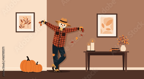 Rustic Autumnal Room With Scarecrow And Pumpkins For Fall Season
