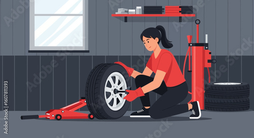 Woman Changing Car Tire In Garage For Maintenance And Safety Process