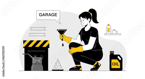 Woman Changing Oil In Garage Enjoying Diy Car Maintenance At Home