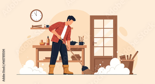 Person Sweeping Floor At Home Routine Work Lifestyle Illustration Scene