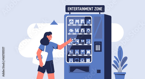 Woman Chooses Entertainment from a Character Vending Machine in Game Center