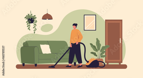 Person Vacuuming Living Room With Sofa Plant And Wooden Furniture