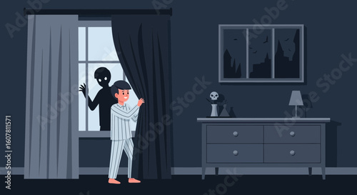 Scared Little Boy Peeking Through the Curtains in a Dark Spooky Bedroom