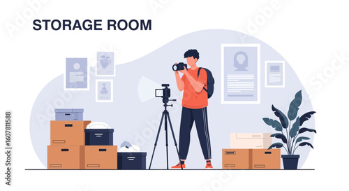 Photographer Taking Pictures Of Goods For Sale In A Storage Room
