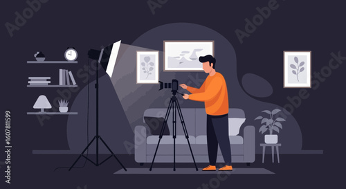 Photographer Adjusting A Camera On A Tripod In An Indoor Studio Setup