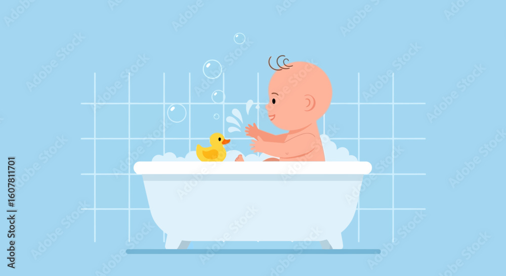 Naklejka premium Playful Infant Enjoying Bath Time with Bubbles and Rubber Duckling