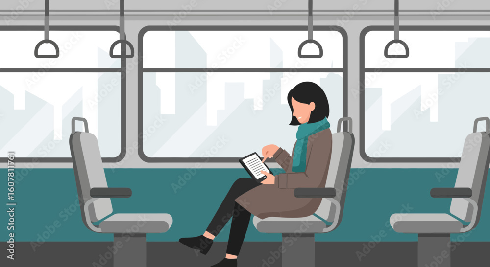 Fototapeta premium Woman Commuting Using Tablet on the Train During her Daily Commute