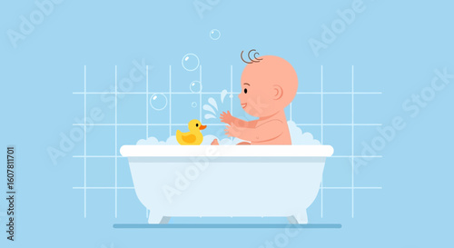 Playful Infant Enjoying Bath Time with Bubbles and Rubber Duckling