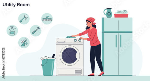 Woman Cleaning Top Load Washing Machine In Utility Room With Tools