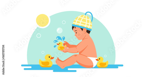 Playful Infant Splashing with Rubber Ducks During Bath Time Illustration
