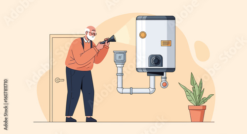 Senior Man Inspecting Water Heater With Flashlight In Home Setting