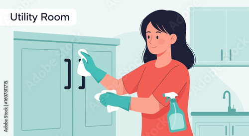 Woman Cleaning Utility Room Cabinets With Spray And Cloth In Bright Style