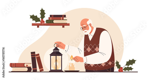 Senior Man Lighting A Candle In A Cozy Room During The Holidays