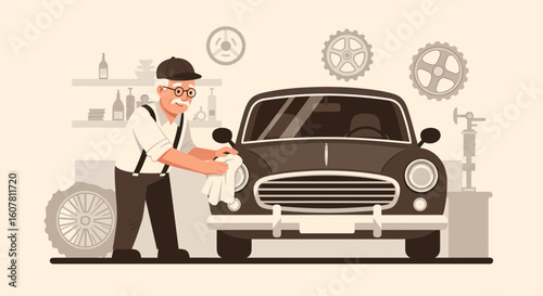 Senior Man Lovingly Restoring a Classic Car in His Garage Workshop