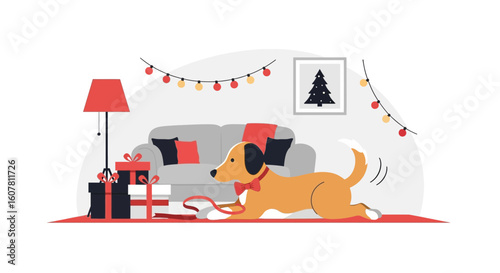Playful Puppy Waits For Presents At Christmas Celebratory Living Room