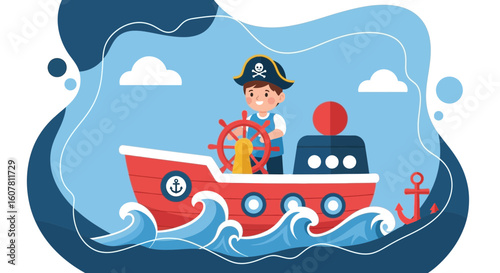 Playful Pirate Adventure Aboard Sailing Ship Cartoon Illustration