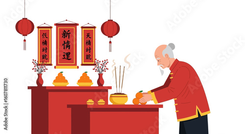 Senior Man Placing Oranges On Ancestral Altar During Chinese New Year Celebration