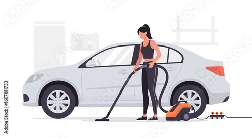 Woman Cleans Her Car Interior Using a Vacuum Cleaner Inside Garage