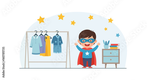 Playful Superhero Getting Dressed For Action In His Stylishly Decorated Room