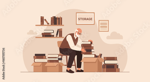 Senior Man Preparing Books For Storage At Home Relocating Memories
