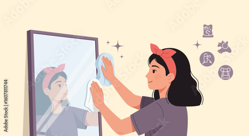 Woman Cleans The Mirror By Wiping Dust With A Cloth Illustration