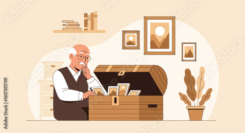 Senior Man Reminiscing Old Memories While Going Through His Photo Album