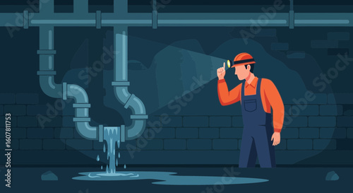 Plumber Inspecting Leaky Pipes In A Basement With Headlight At Night