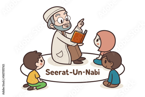 An islamic scholar in traditional attire diligently writing on a scroll at a wooden desk with books