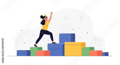 Woman Climbing Colorful Blocks Achieving Goals And Objectives Overcome Obstacles