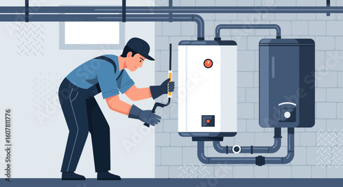 Plumber Repairing Water Heater System In A Basement Maintenance Service