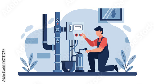 Plumber Technician Fixing Plumbing And Water Systems In A Building Illustration