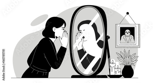 Woman Confronting Her Reflection Truthful Mirror Depicting Inner Turmoil