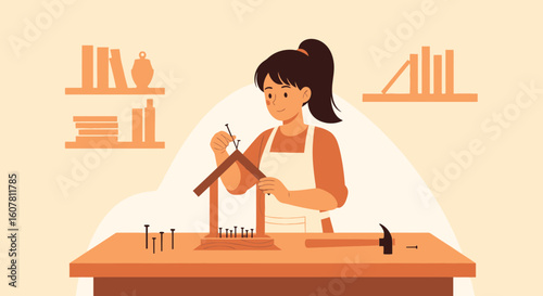 Woman Constructing Birdhouse As Creative Project And Handcrafting Activity