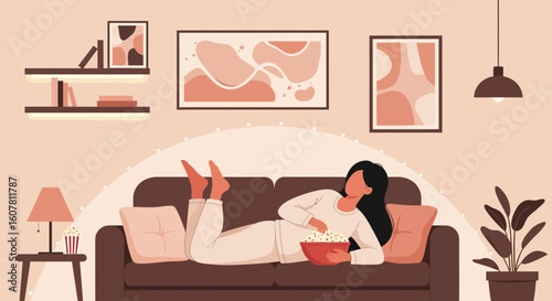 Serene Evening Woman Relaxes With Popcorn At Home In Cozy Living Room