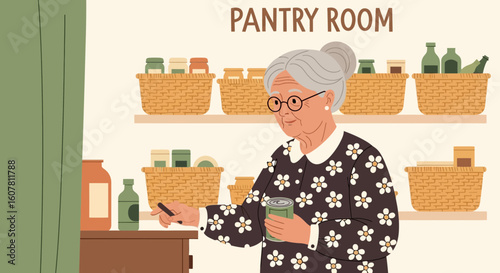 Senior Woman Taking Inventory Of Canned Goods In Organized Pantry Room